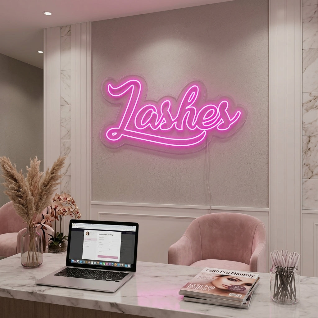 Glowing Lashes neon sign mounted on a textured pink salon wall above a velvet chair, creating a chic aesthetic.