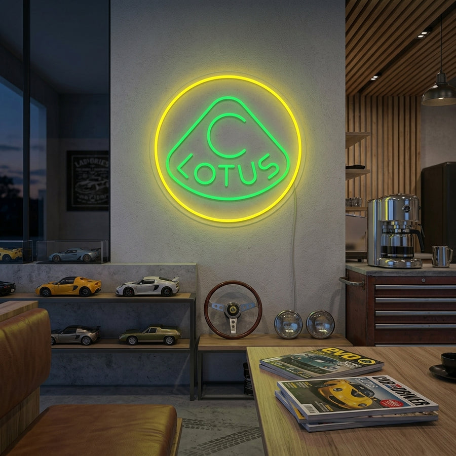 A vibrant 'LOTUS' neon sign glowing above a modern seating area in a contemporary restaurant.