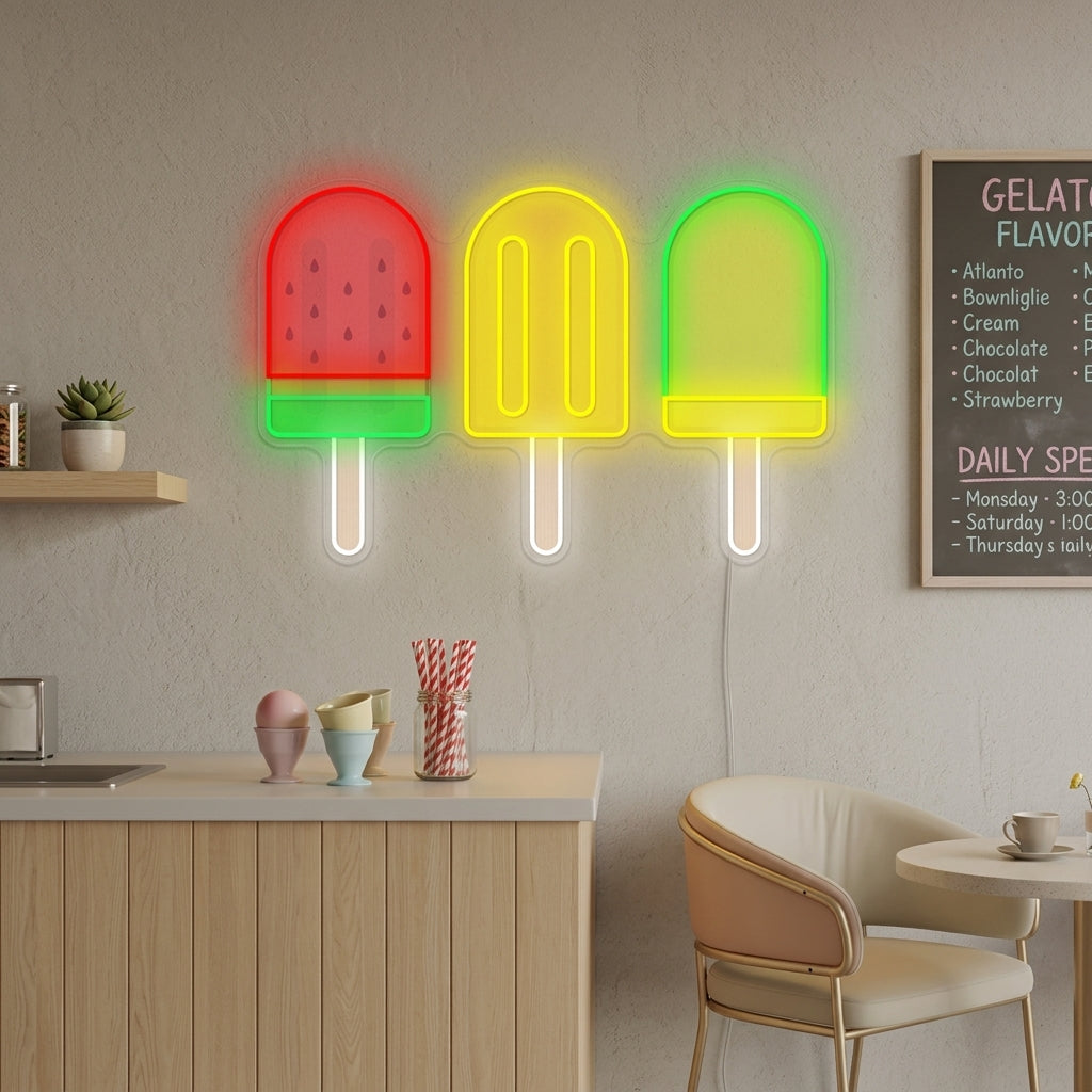 A candid, realistic photograph capturing the 'Ice Cream Bar' neon sign illuminated on a rustic brick wall within a bustling, warm-toned dessert shop, with blurred customers and cafe furniture in the foreground.