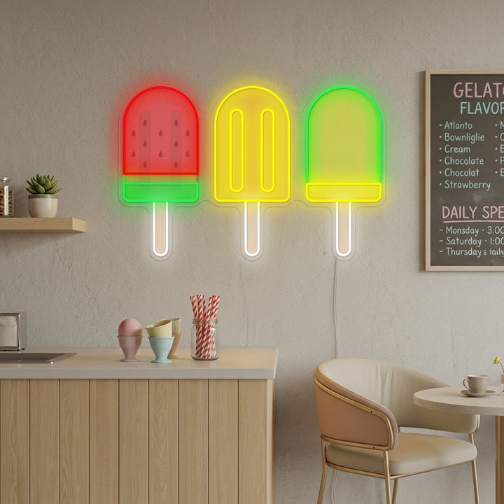 A candid, realistic photograph capturing the 'Ice Cream Bar' neon sign illuminated on a rustic brick wall within a bustling, warm-toned dessert shop, with blurred customers and cafe furniture in the foreground.