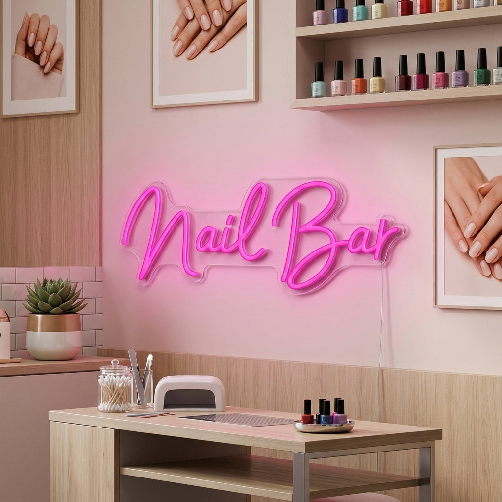 Lifestyle image of a stylish 'Nail Bar' neon sign glowing brightly on a brick wall in a modern beauty salon context.
