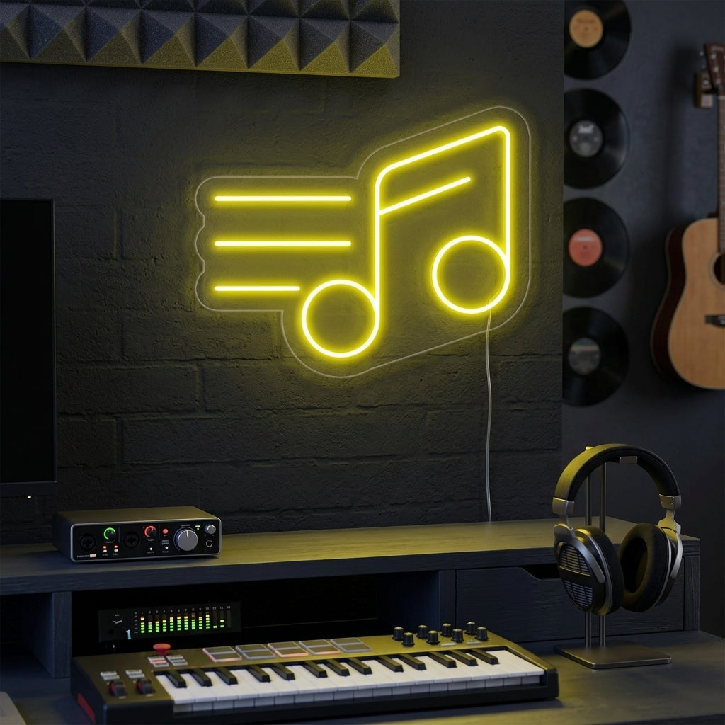 A glowing blue Musical Note neon sign illuminating a cozy living room studio above a sofa.
