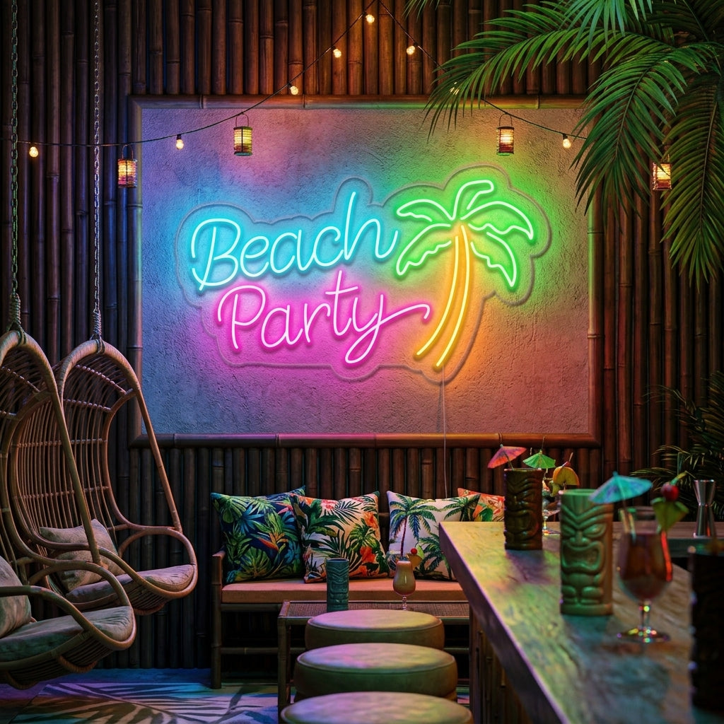 A close-up photograph of a vibrant, colorful neon sign shaped like a palm tree with waves and a crescent moon, glowing brightly against a softly blurred, warm-toned interior background.