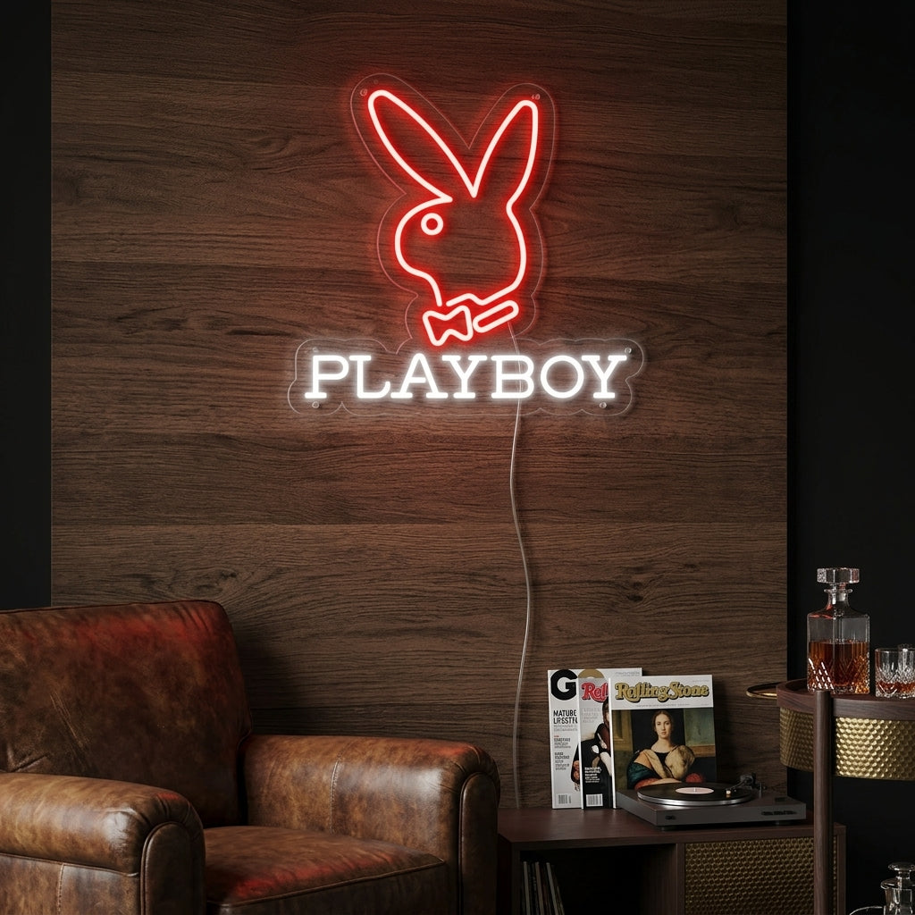 Play Bunny neon sign glowing pink and white, mounted on a rustic wooden plank wall in a dimly lit, stylish living room setting.