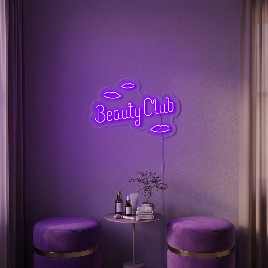 Beauty Club neon sign glowing in a modern beauty room