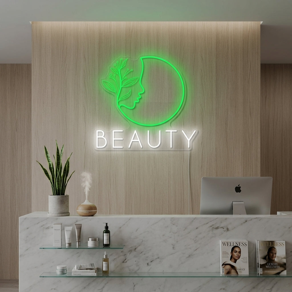 An illuminated pink "Beauty Spa Logo" neon sign mounted on a textured white wall in a modern, plant-filled salon reception area.