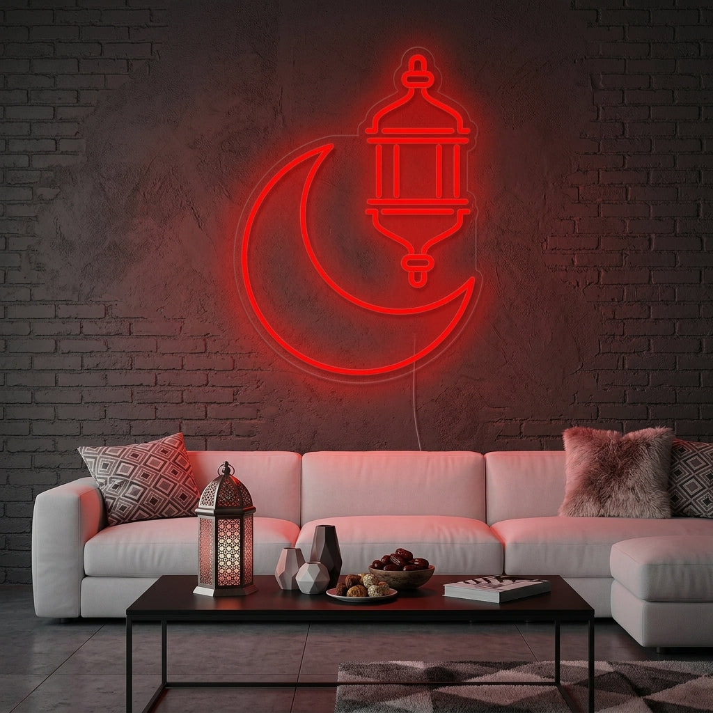 A glowing Ramadan Kareem Arabic script neon sign on a textured wall in a home setting.