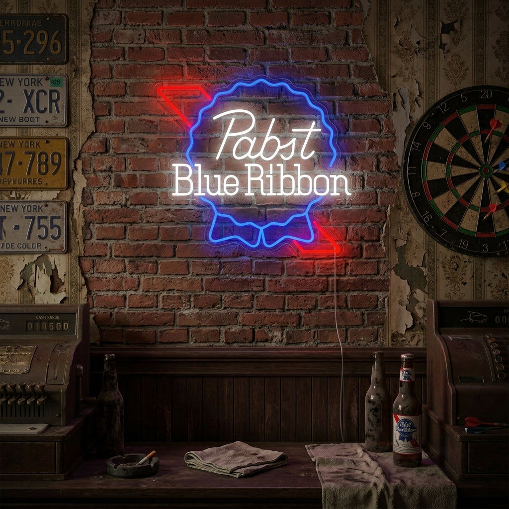 Pabst Blue Ribbon Blackbo Beer neon sign glowing on a wall.