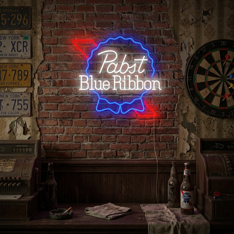 Pabst Blue Ribbon Blackbo Beer neon sign glowing on a wall.