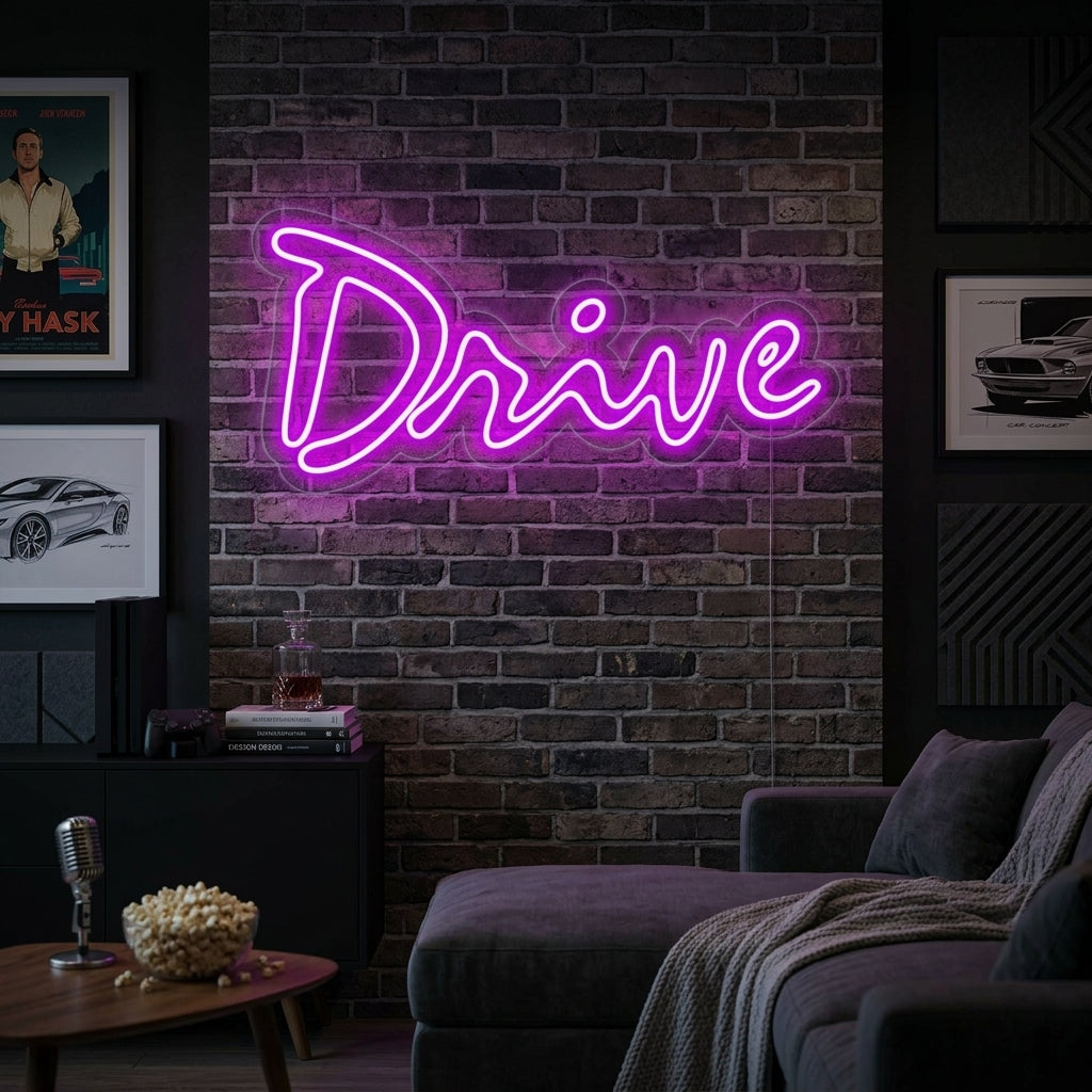 A vibrant magenta neon sign glowing on a textured brick wall within a stylishly decorated, moody living room setting.