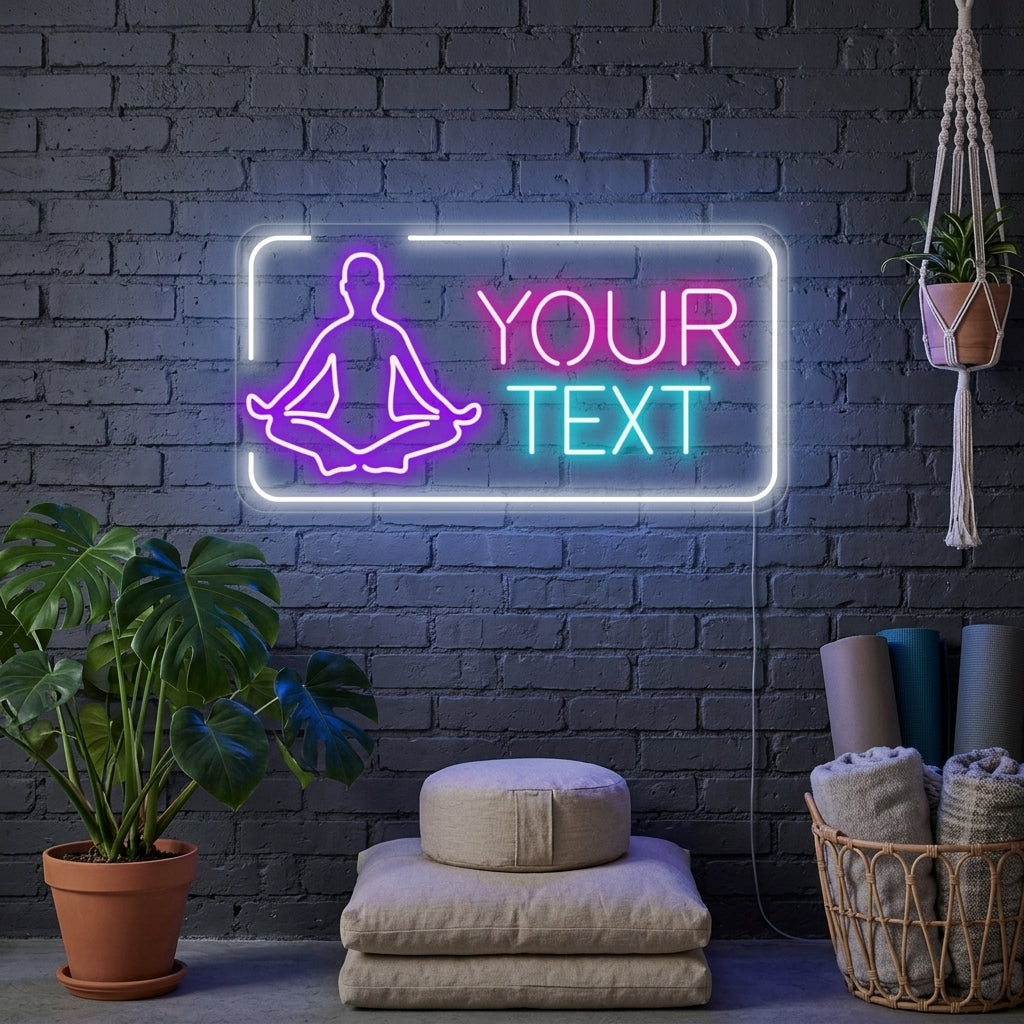 Custom Your Text Yoga Club neon sign glowing in a calm yoga studio setting, featuring personalized text.
