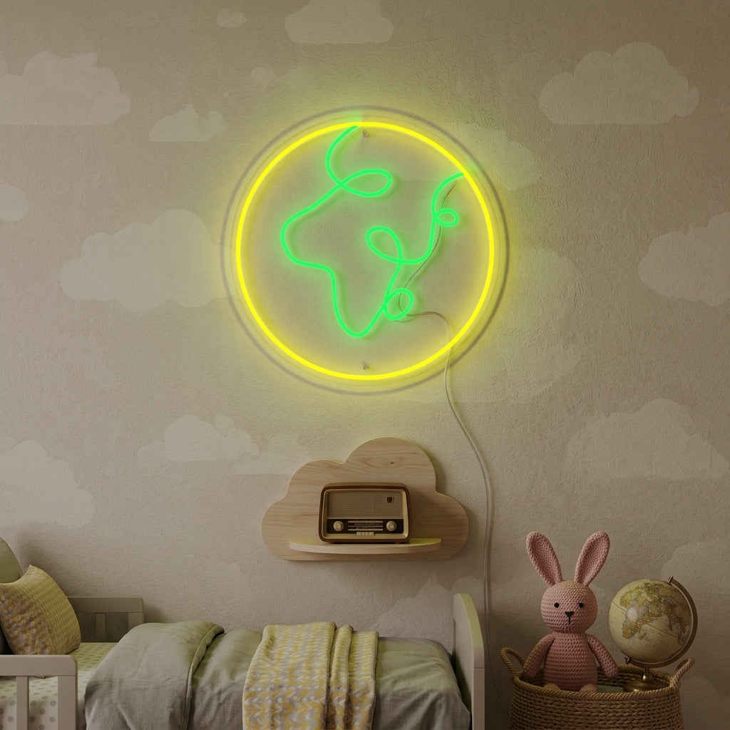 A cozy kids' room setup featuring the glowing blue and green Planet Earth neon sign mounted on a textured blue wall, casting a soft light over a child reading on a bed with star-patterned bedding.