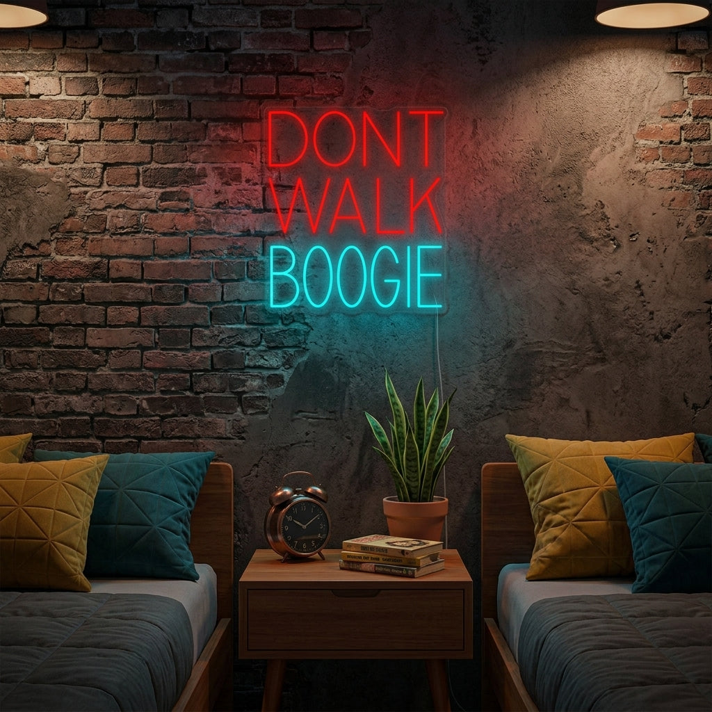 A lifestyle photo showing the illuminated 'Dont Walk Boogie' neon sign mounted on a wall in a stylish room.