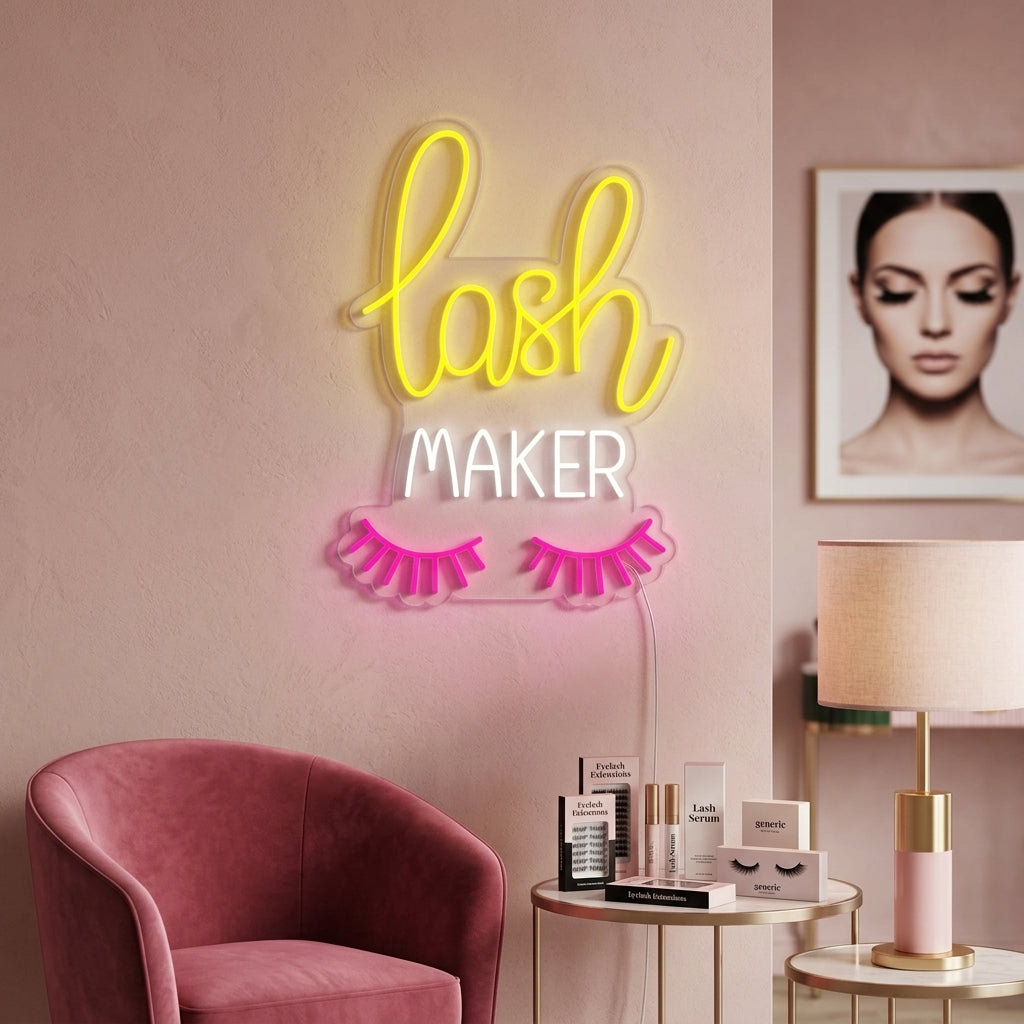 A vibrant 'Lash Maker' neon wall sign glowing pink, mounted on a brick wall with a stylized pair of eyelashes above the cursive text, illuminating a modern salon workspace with a lush green plant nearby.