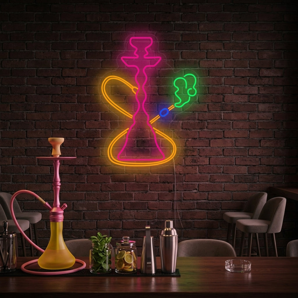 A glowing blue and red 'Hookah Vibes' neon sign featuring a hookah silhouette and smoke plumes, mounted on a textured brick wall in a relaxing lounge setting.
