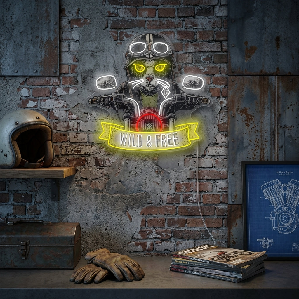 A lifestyle shot of a lit-up neon sign featuring a cat riding a motorcycle, mounted on a rustic wooden plank wall in a well-decorated garage or man cave.