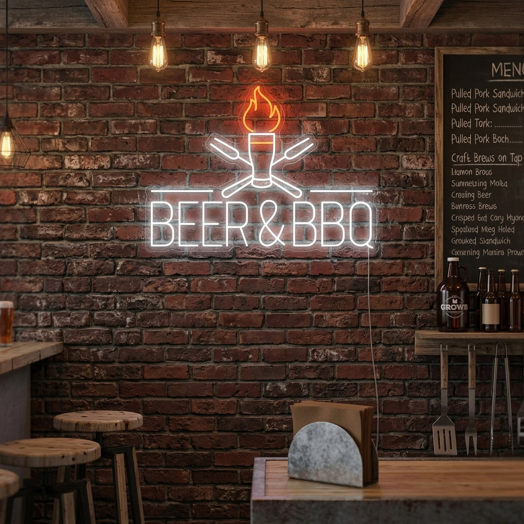 A Beer and BBQ neon sign glowing with warm colors in a stylized rustic restaurant setting, showing the realistic lighting effect.