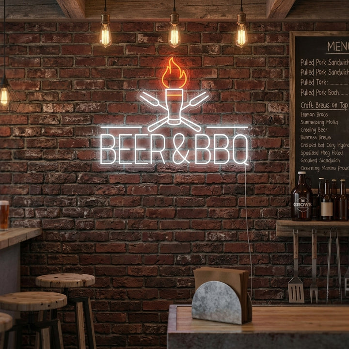 A Beer and BBQ neon sign glowing with warm colors in a stylized rustic restaurant setting, showing the realistic lighting effect.