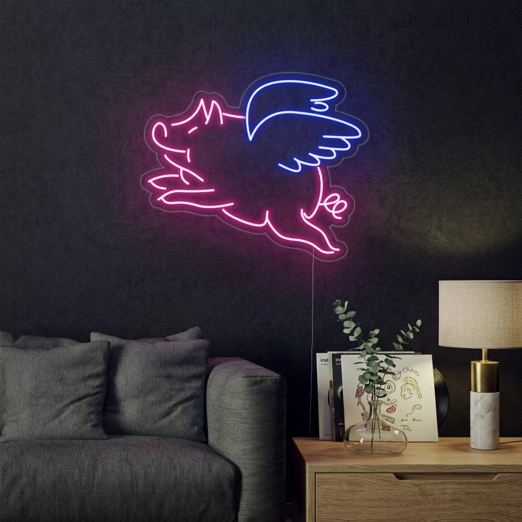 A cozy living room wall is adorned with a glowing 'Flying Pig' neon sign, a houseplant rests beside it on a wooden shelf.