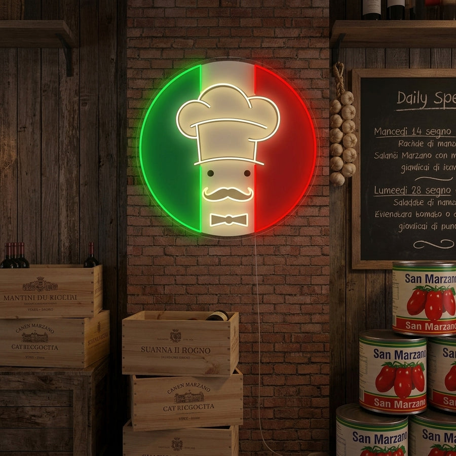 A vibrant 'Chef Italian Restaurant Logo' neon sign glows warmly in a stylized rustic restaurant setting, featuring a friendly chef caricature.