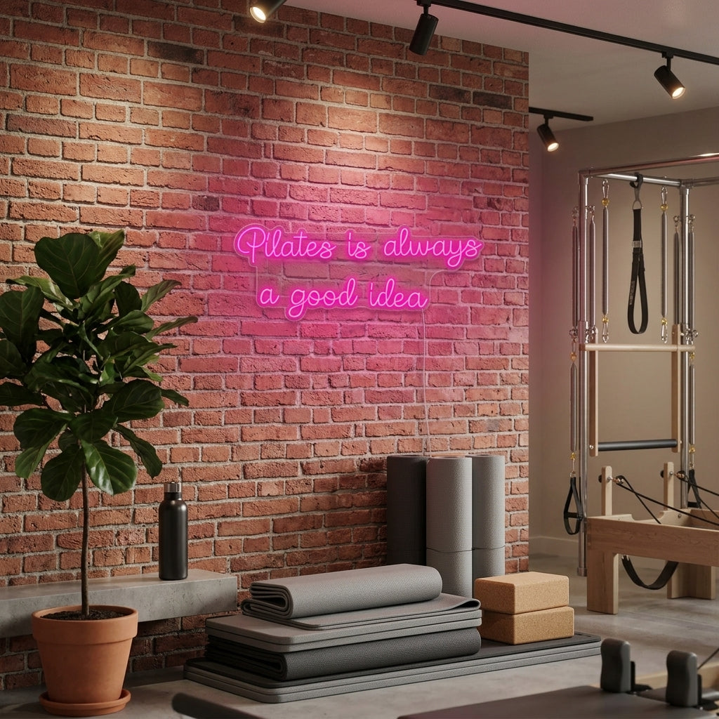 A vibrant 'Pilates is Always a Good Idea' neon sign glowing on a textured wall in a modern studio setting.