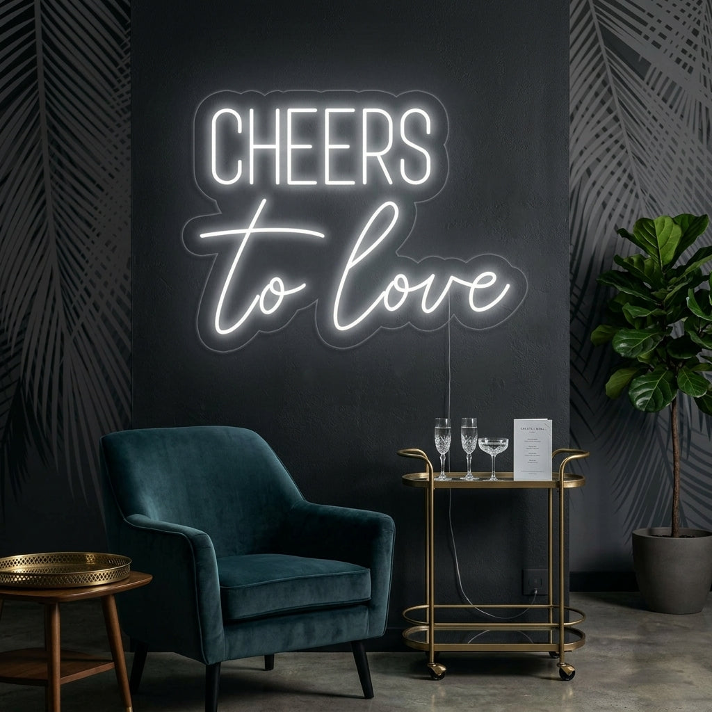 Cheers to Love script neon sign glowing warmly above a decorated wedding reception head table with floral arrangements and champagne flutes.