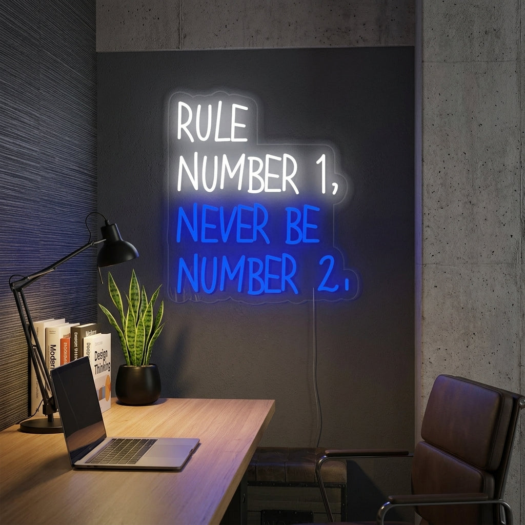 A vibrant 'Rule Number' neon sign glowing on a textured brick wall in a modern room setting.