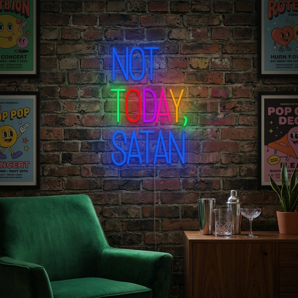 A glowing 'Not Today Satan' neon sign displayed as a piece of wall art in a modern living room setting.