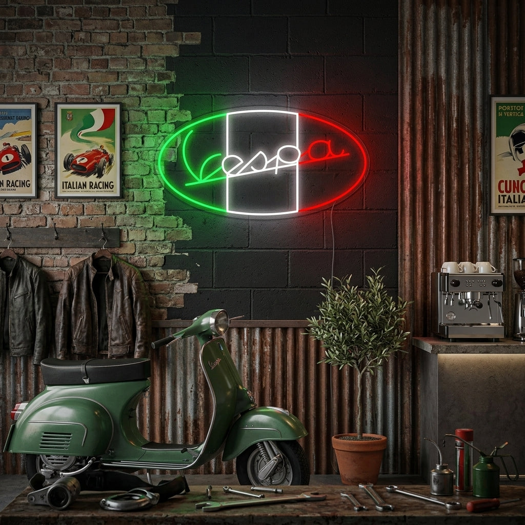 Vespa Italian Motorcycle Logo neon sign hanging on a textured blue wall in a modern living space.