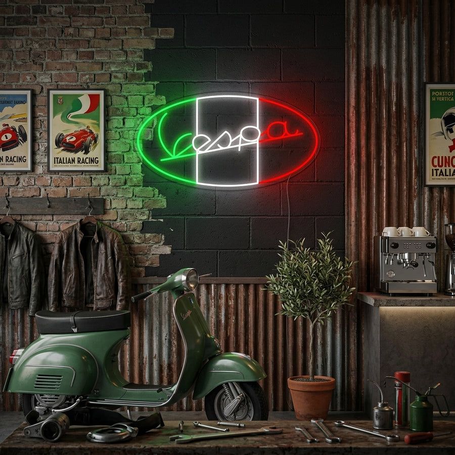 Vespa Italian Motorcycle Logo neon sign hanging on a textured blue wall in a modern living space.