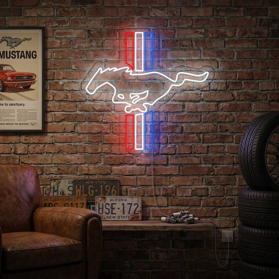 A vibrant 'Car Logo Horse' neon sign with an icy-blue horse inside a glowing red rectangle, casting colored light on a rustic stone wall and workbench in a garage setting.