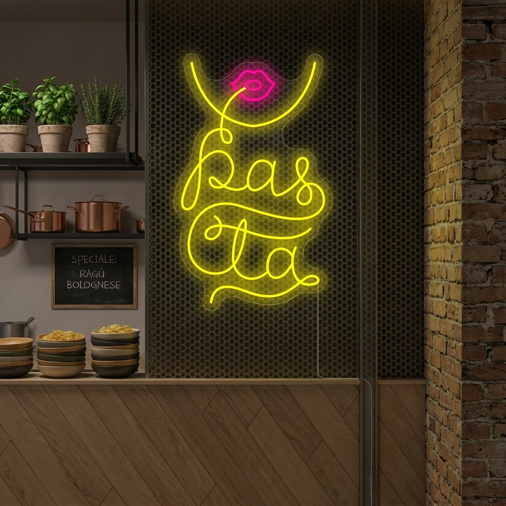Glowing neon sign depicting red lips with the word pasta written in white lettering inside, mounted on a dark textured brick wall