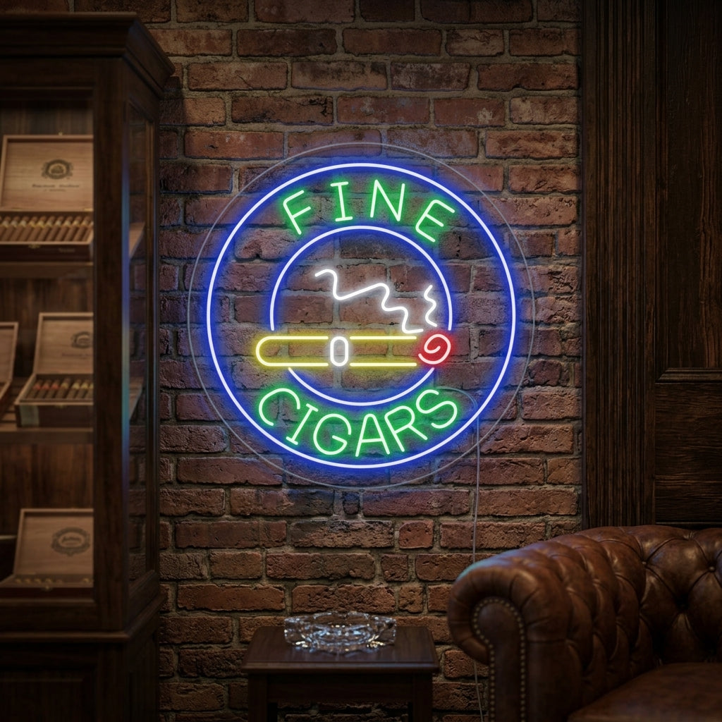 Illuminated 'Fine Cigars' neon sign glowing red and orange against a dark brick wall in a rustic cigar lounge setting.