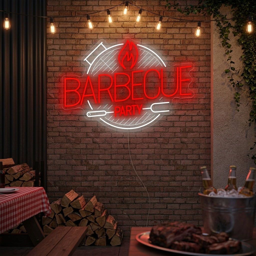 A vibrant 'Barbecue Party' neon sign glows with red and orange light, featuring playful text and flame graphics above a rustic wooden bar set up for a backyard cookout with grilling tools and drinks.