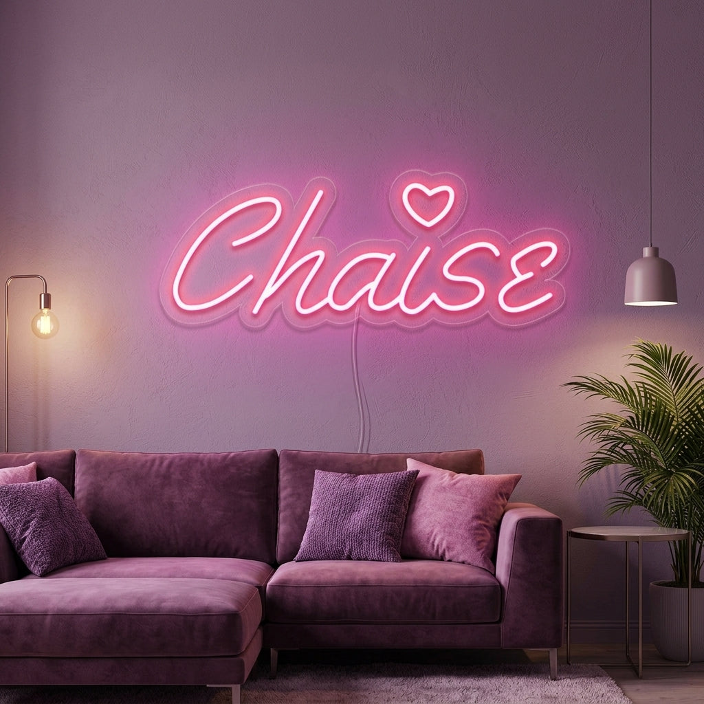 Lifestyle view of 'Chaise' neon sign glowing on living room wall above modern chair