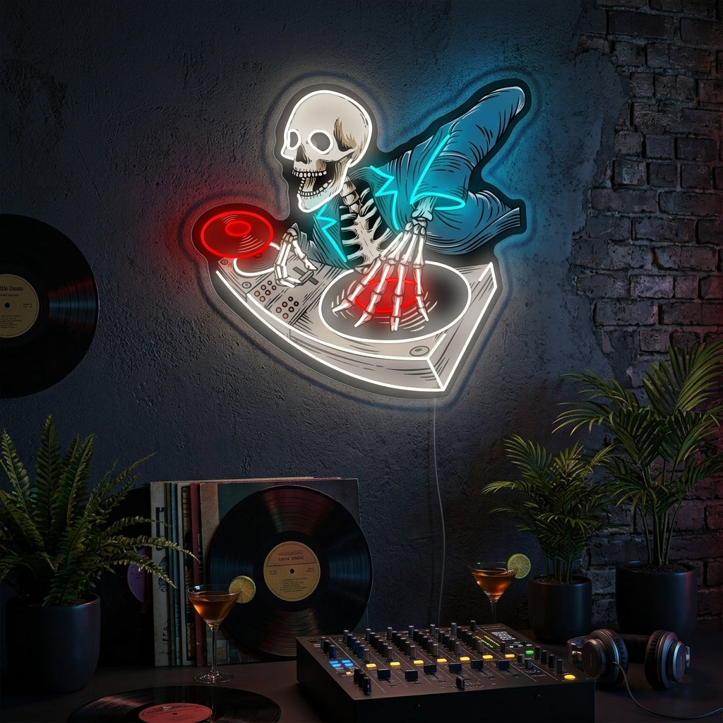 A vibrant 'Skeleton DJ' neon sign on a textured brick wall, showing a skeleton in headphones and a hoodie spinning records, casting a colorful glow in a dimly lit room.
