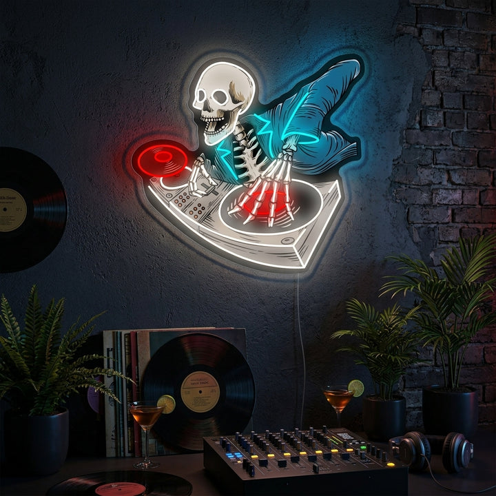 A vibrant 'Skeleton DJ' neon sign on a textured brick wall, showing a skeleton in headphones and a hoodie spinning records, casting a colorful glow in a dimly lit room.