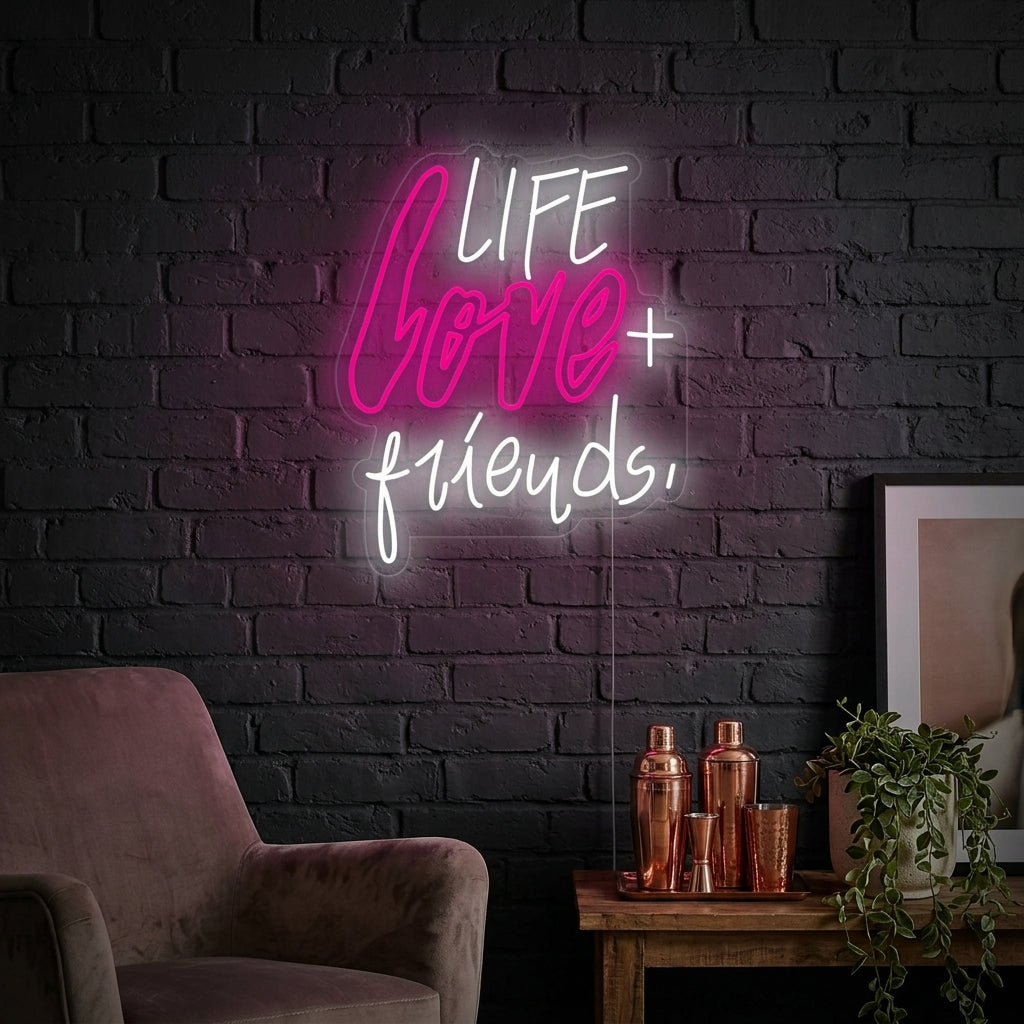 A glowing 'Life Love Friends' white neon sign in script font, mounted on a rustic wooden wall in a modern living room setting.