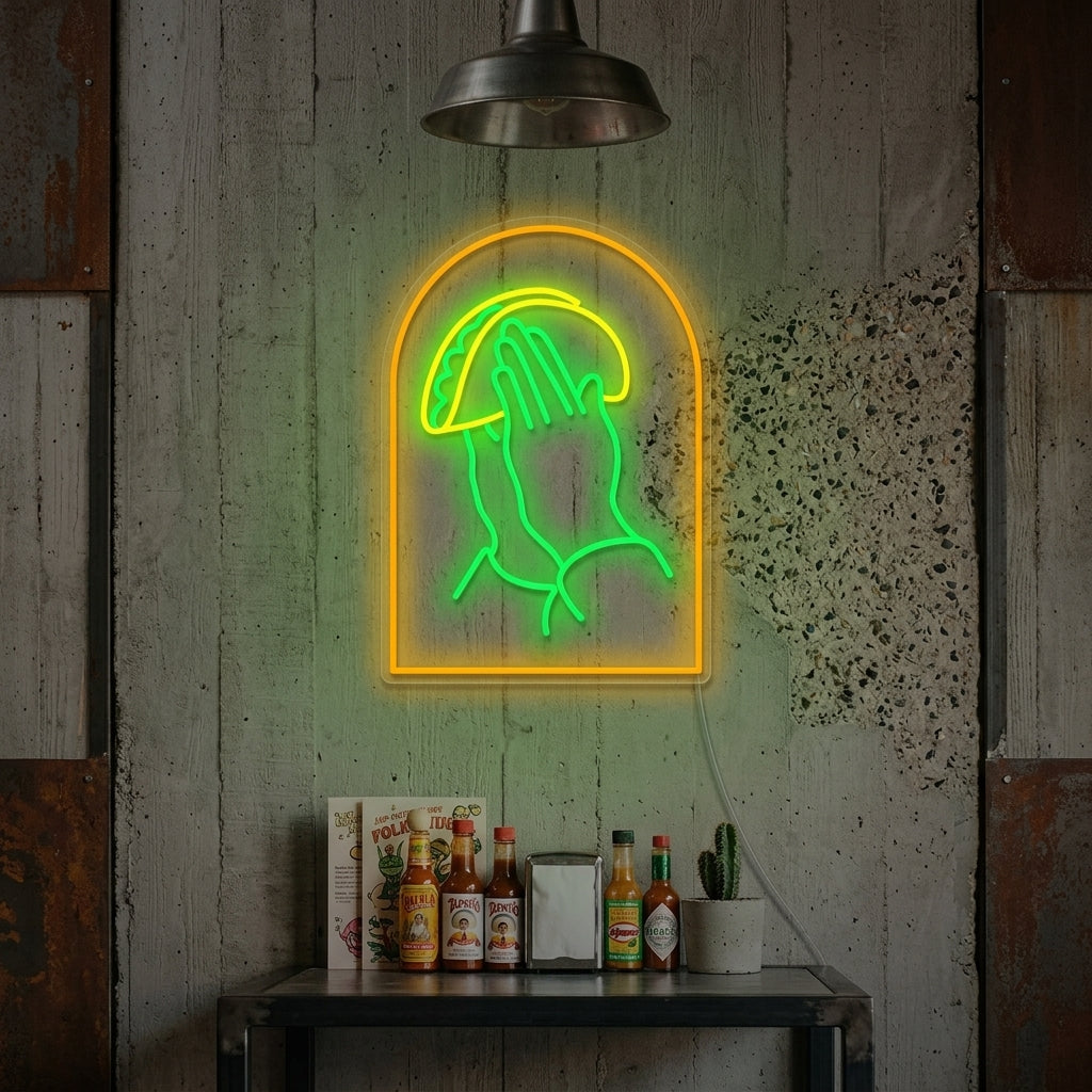 A lifestyle photo showing a glowing 'Praying Hands With Tacos' neon sign hanging above a rustic wooden table set for dinner in a dimly lit restaurant.