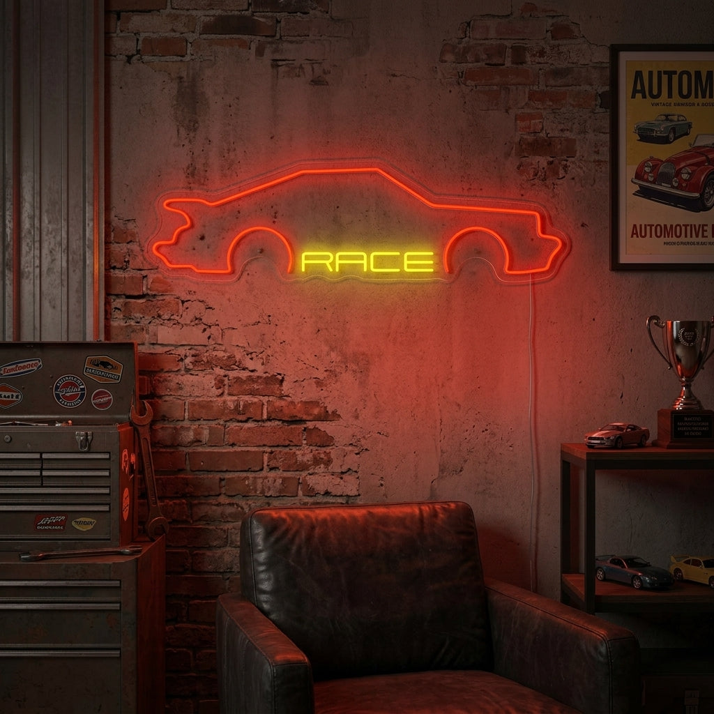 A vibrant neon sign depicting a glowing race car silhouette, mounted on a textured wall in a garage setting with subtle background lighting.