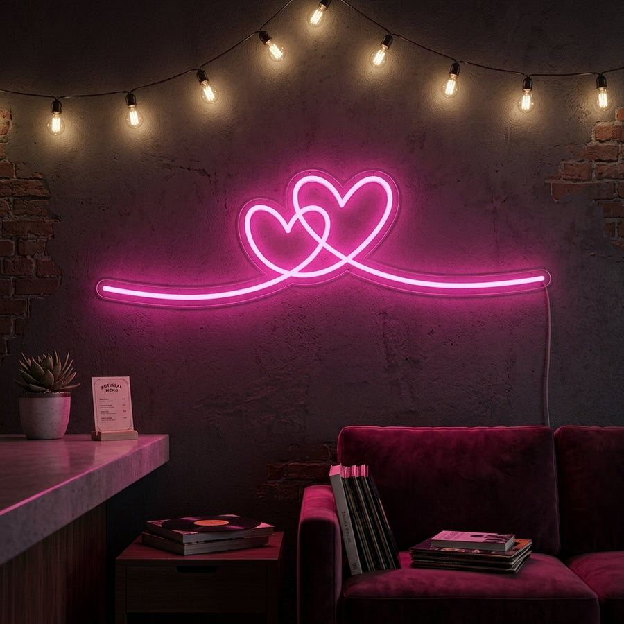 A cozy bedroom with soft lighting, featuring a pink Double Heart Neon Sign glowing warmly on a wall above a bed.