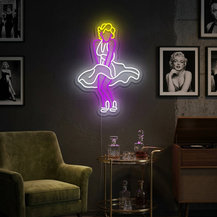 An elegant neon sign of a dancing girl with a flowing skirt, glowing pink, mounted above a velvet sofa in a dimly lit, bohemian living room.