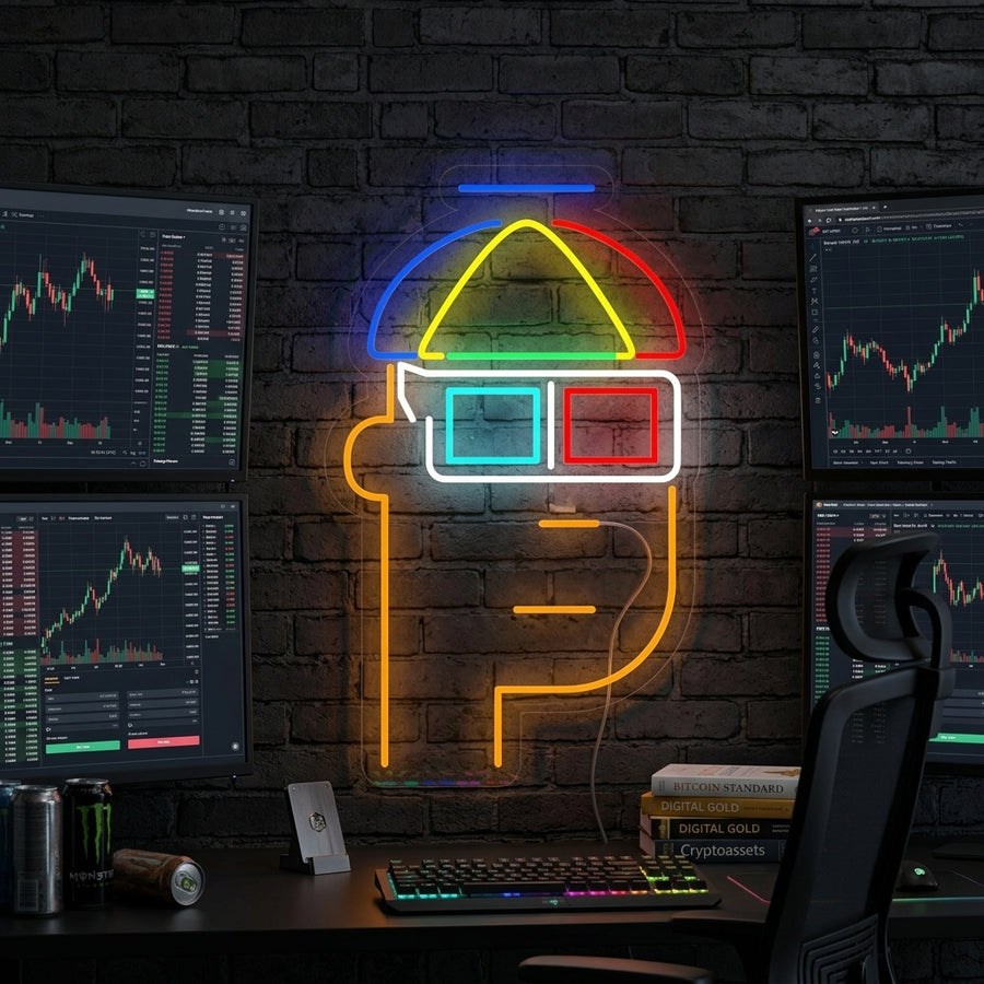 Lifestyle view of the "NFT Monkey" neon sign lit up in a modern living room