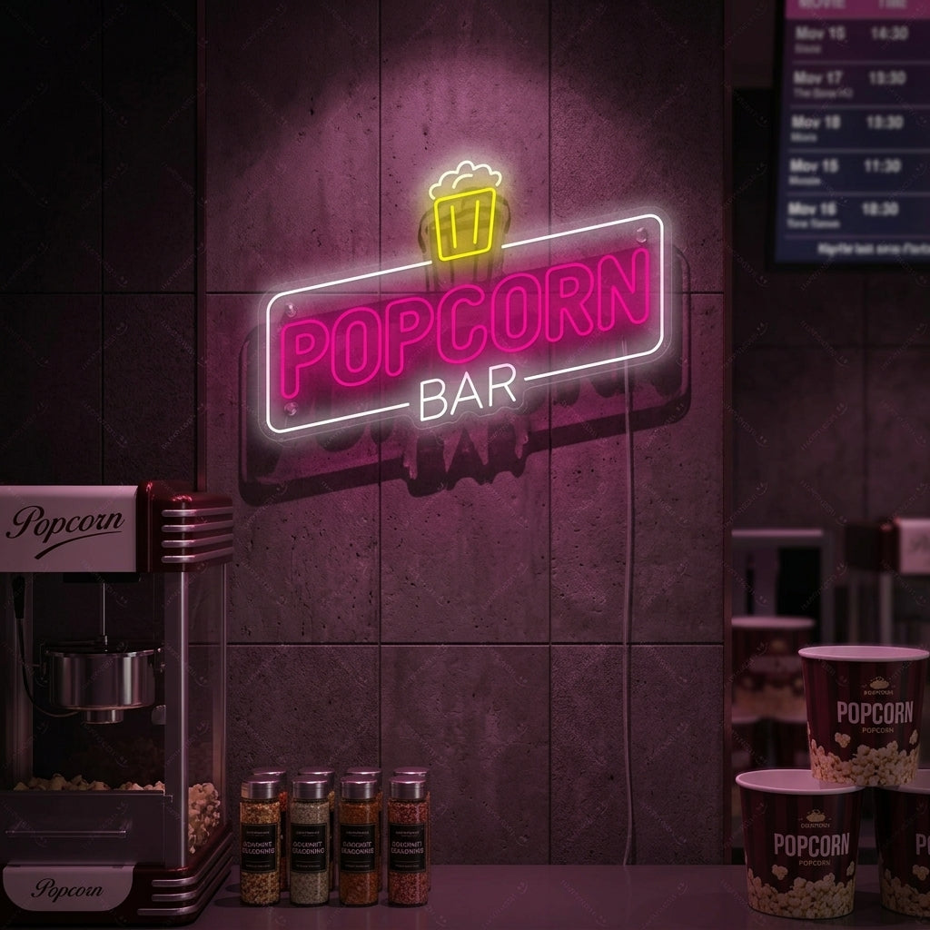 An illuminated 'Popcorn Bar' neon sign prominently displayed above a snack counter at a home movie night.