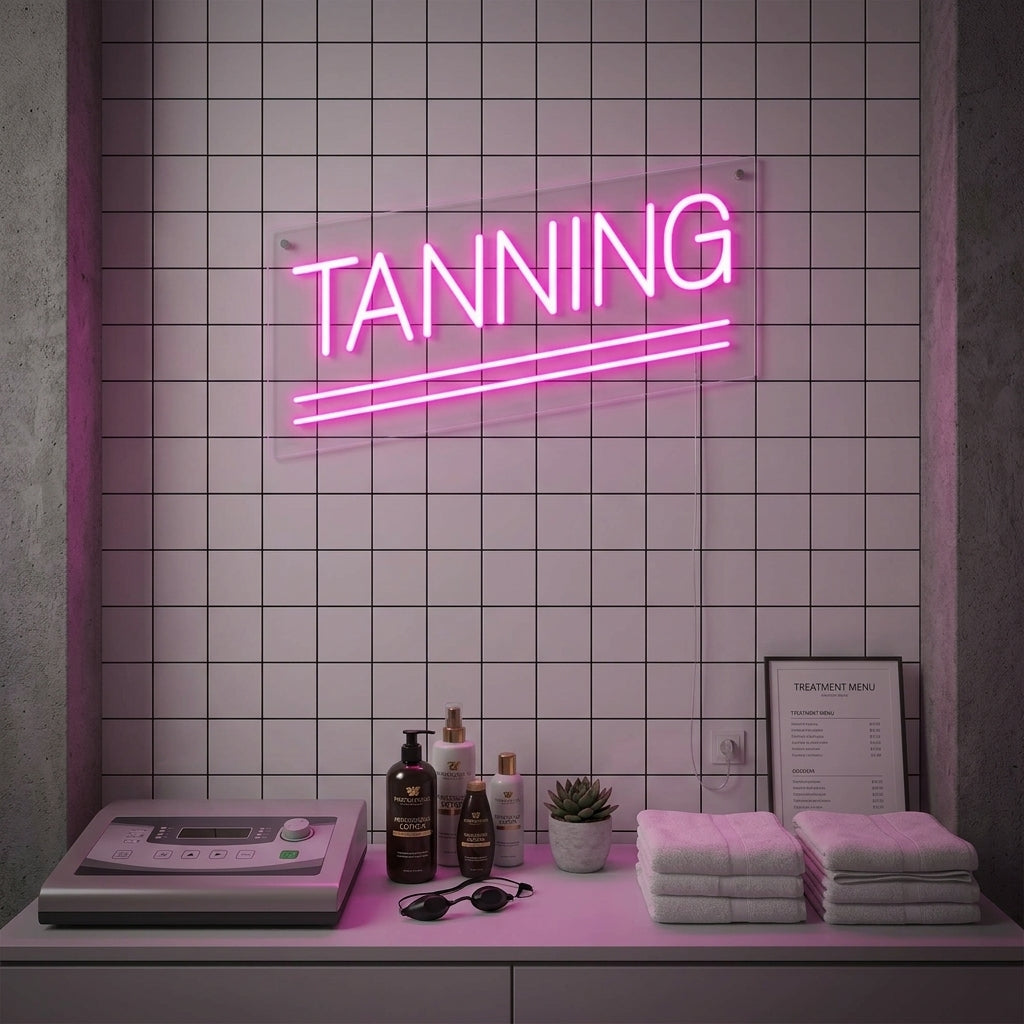 Vibrant 'Tanning' neon sign illuminating a modern salon interior with soft, warm light.