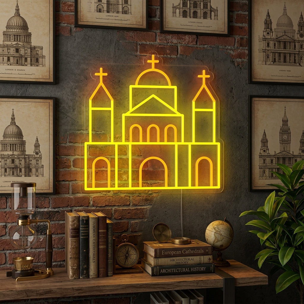 A lifestyle photograph showing the illuminated London St Paul Cathedral neon sign mounted on a textured brick wall above a sleek modern sideboard.