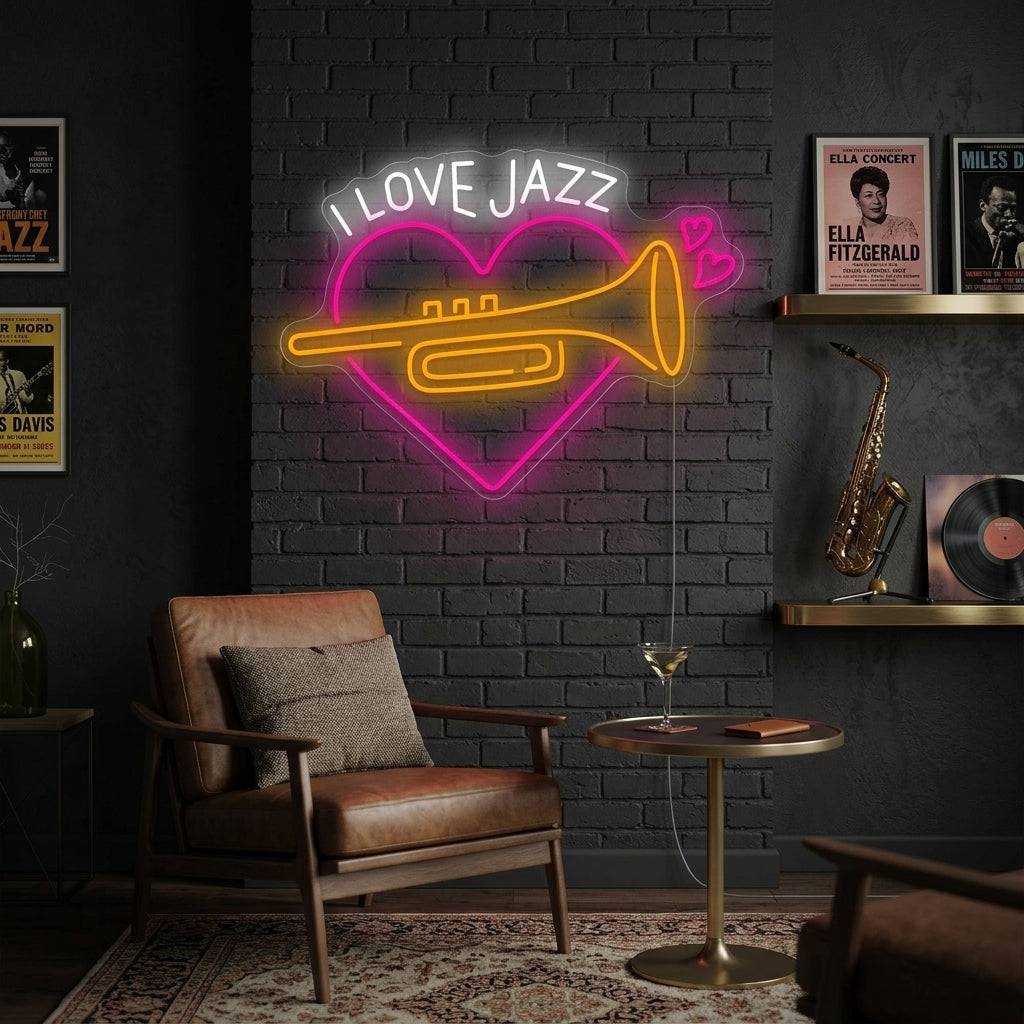 A lifestyle photo showing the 'I Love Jazz' neon sign glowing on a textured wall in a cozy room. The sign features blue script text for 'Love' and 'Jazz' with a warm glow.