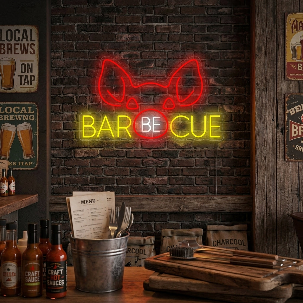 A vibrant red 'Barbecue Pig' neon sign glowing brightly on a distressed brick wall inside a rustic BBQ restaurant.