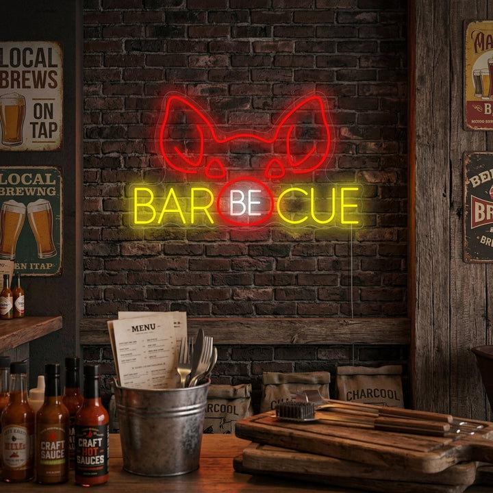 A vibrant red 'Barbecue Pig' neon sign glowing brightly on a distressed brick wall inside a rustic BBQ restaurant.