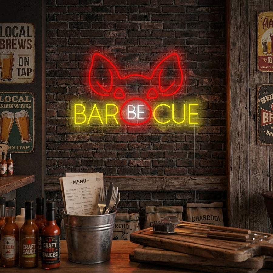 A vibrant red 'Barbecue Pig' neon sign glowing brightly on a distressed brick wall inside a rustic BBQ restaurant.